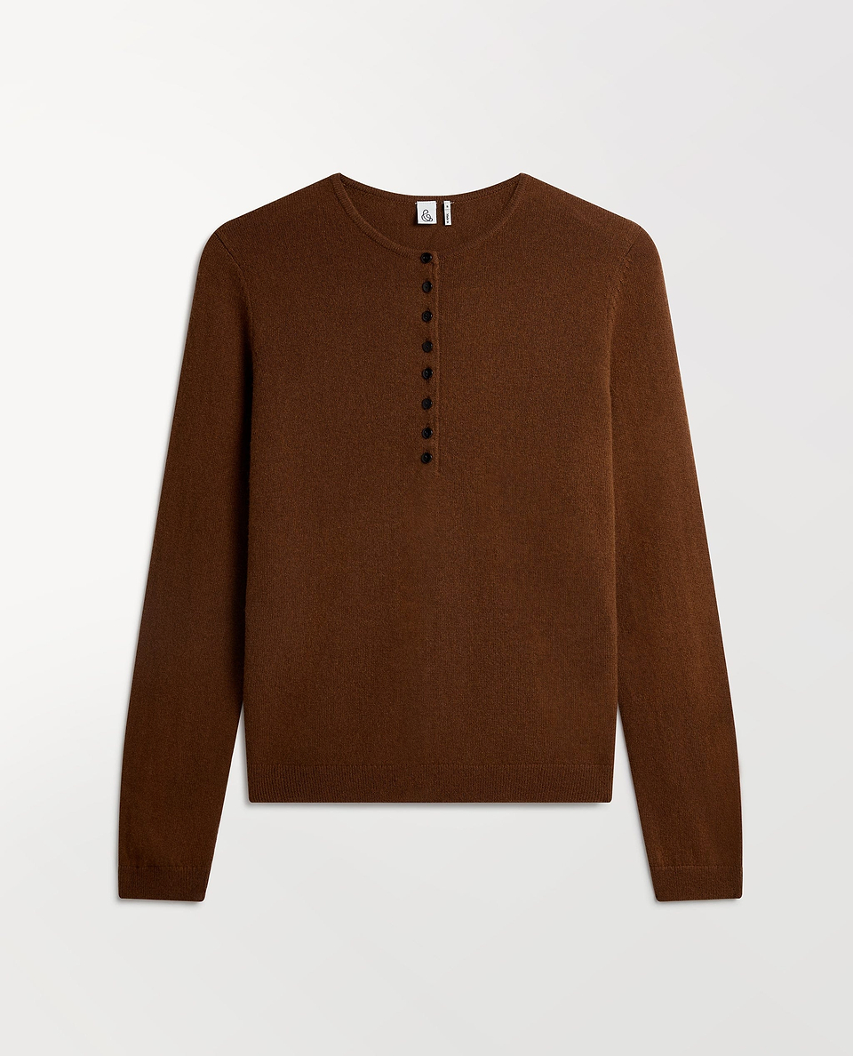 Image 2 of 5 showing Rise & Fall's brown cashmere merino henley jumper.