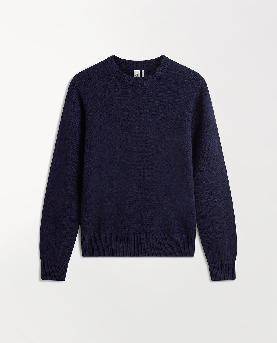 Image 2 of 5 showing Rise & Fall's navy mid weight cashmere crew neck jumper.
