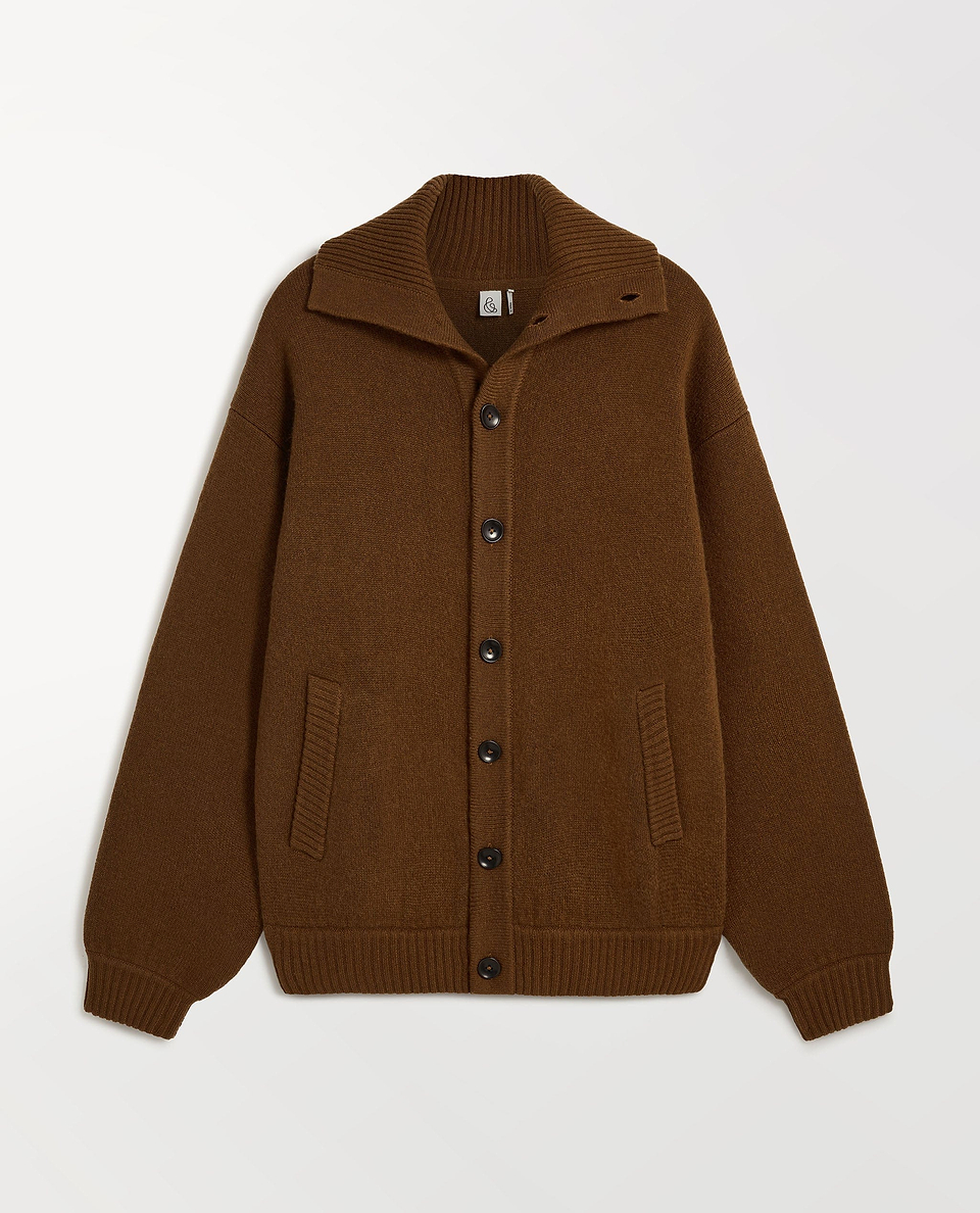 Image 2 of 6 of Rise & Fall's burl brown cashmere merino buttoned jacket with ribbed collar and cuffs.