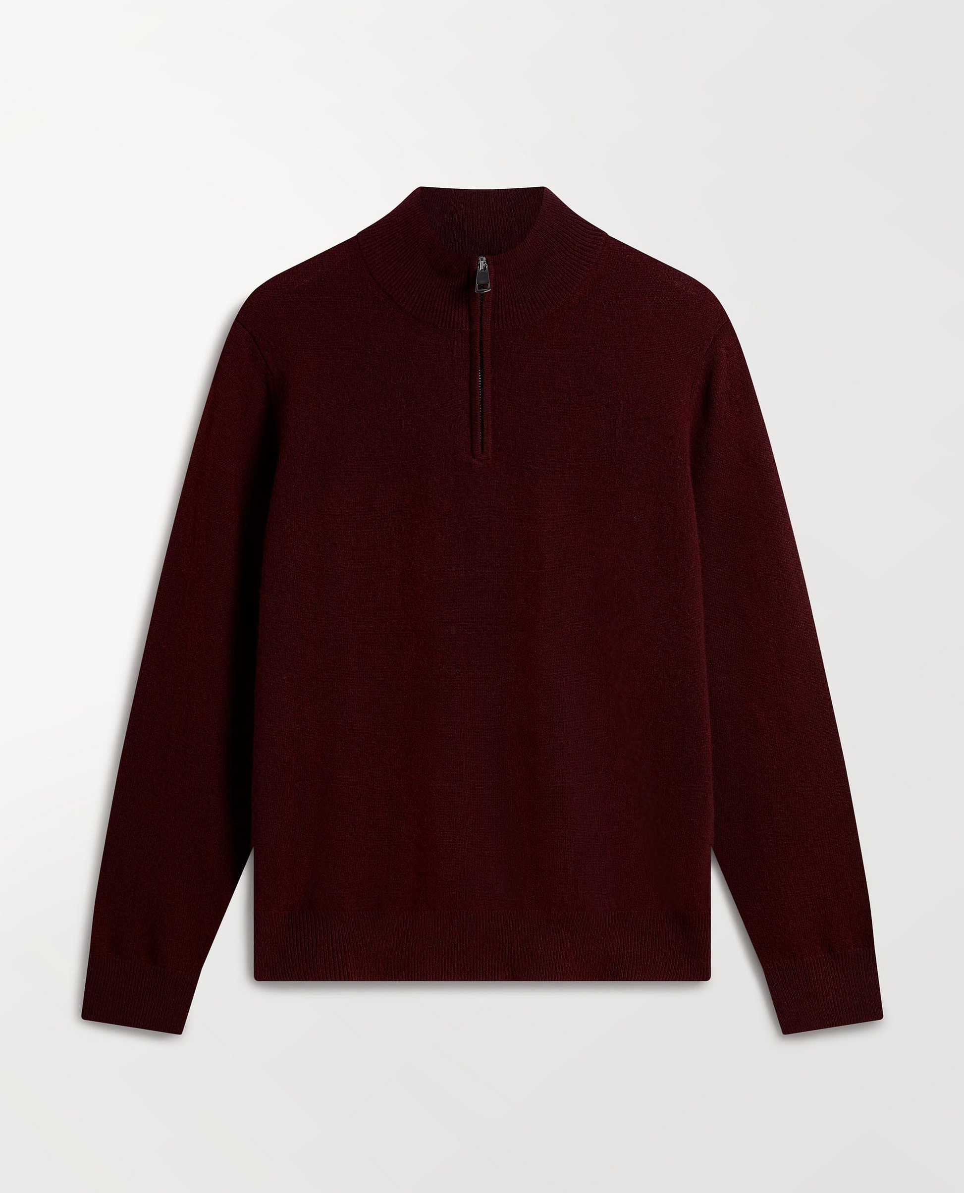 Image 2 of 6 showing Rise & Fall's fine cashmere 1/4 zip jumper, oxblood.
