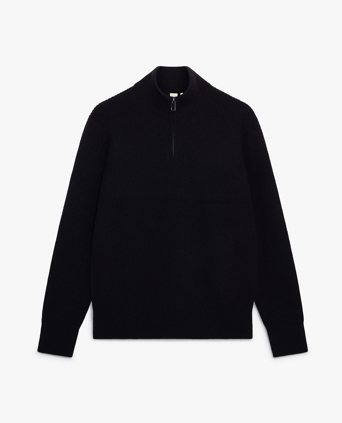 Image 2 of 6 showing Rise & Fall's Men's Cashmere Merino Fishermans Rib 1/4 Zip Jumper in black.