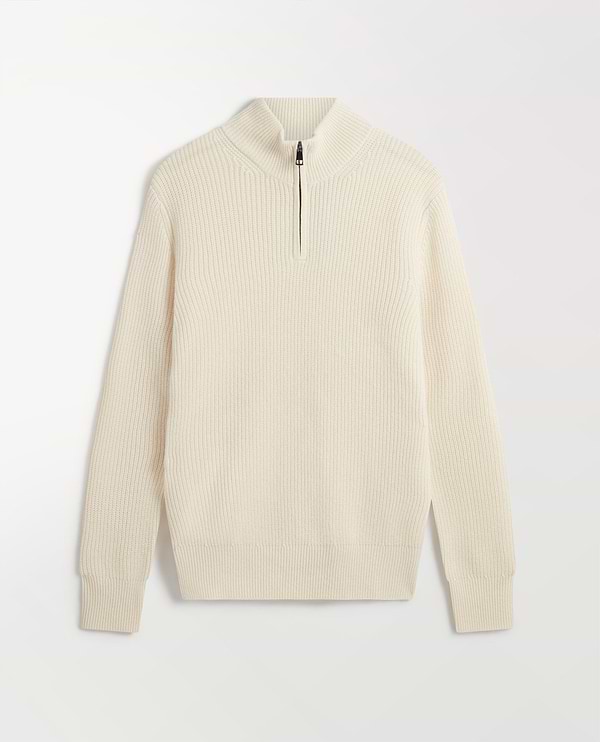 Image 2 of 6 showing Rise & Fall's Men's Cashmere Merino Fishermans Rib 1/4 Zip Jumper in cream.