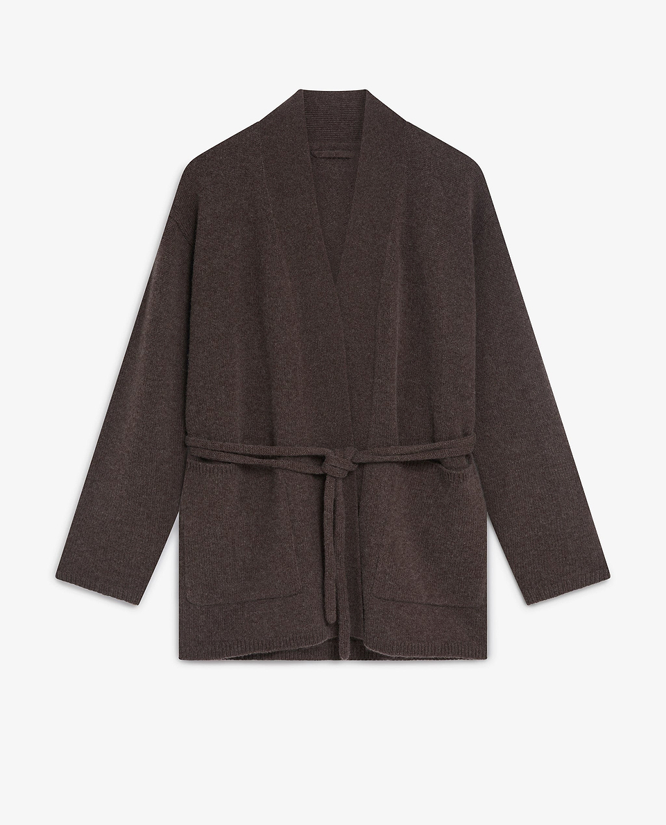 Image 2 of 6 showing Rise & Fall's brown cashmere merino belted cardigan.