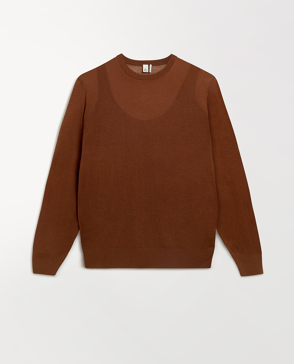 Image 2 of 6 showing Rise & Fall's brown tencel cashmere double layered crew neck jumper.