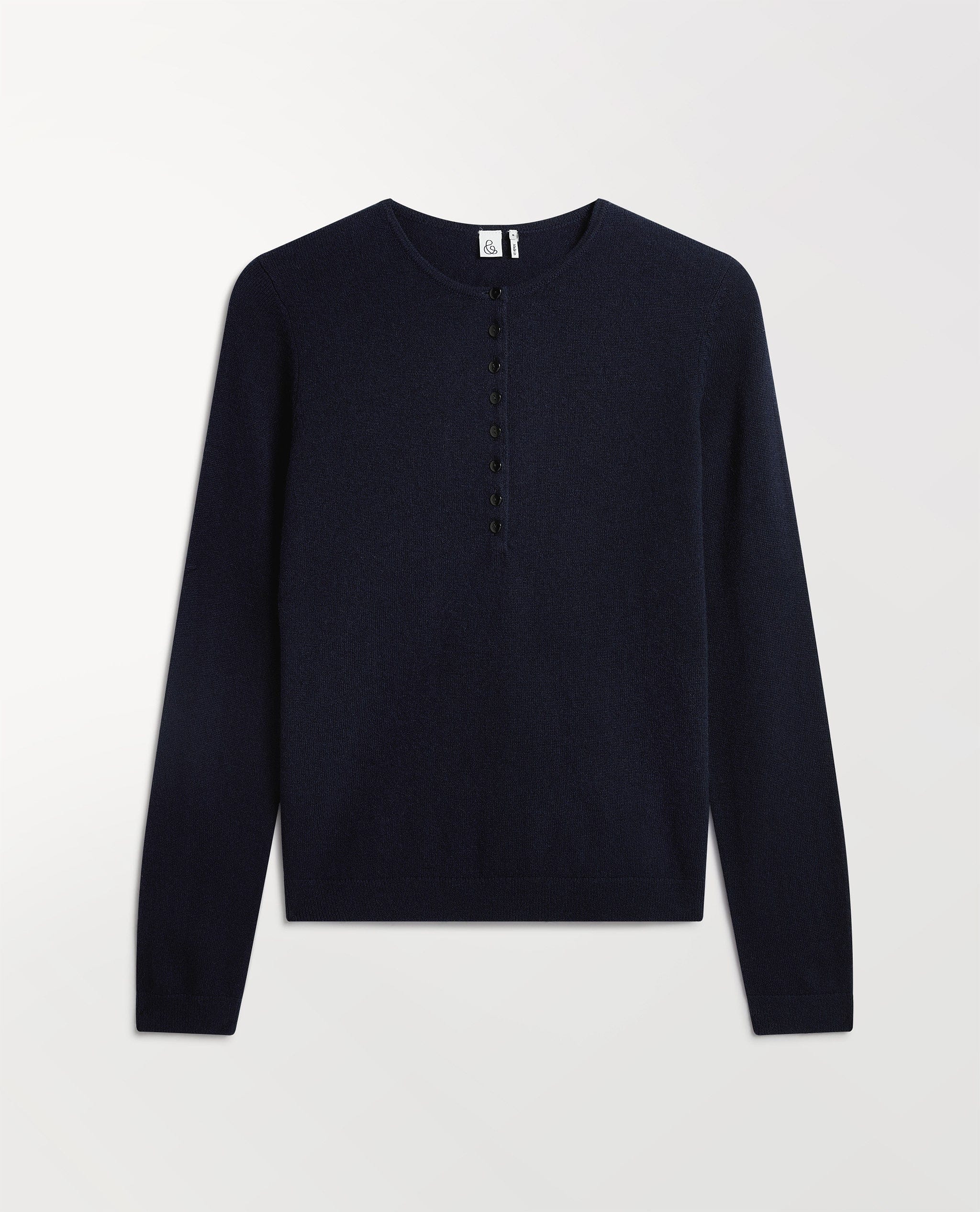 Image 2 of 6 showing Rise & Fall's cashmere merino henley jumper in indigo.