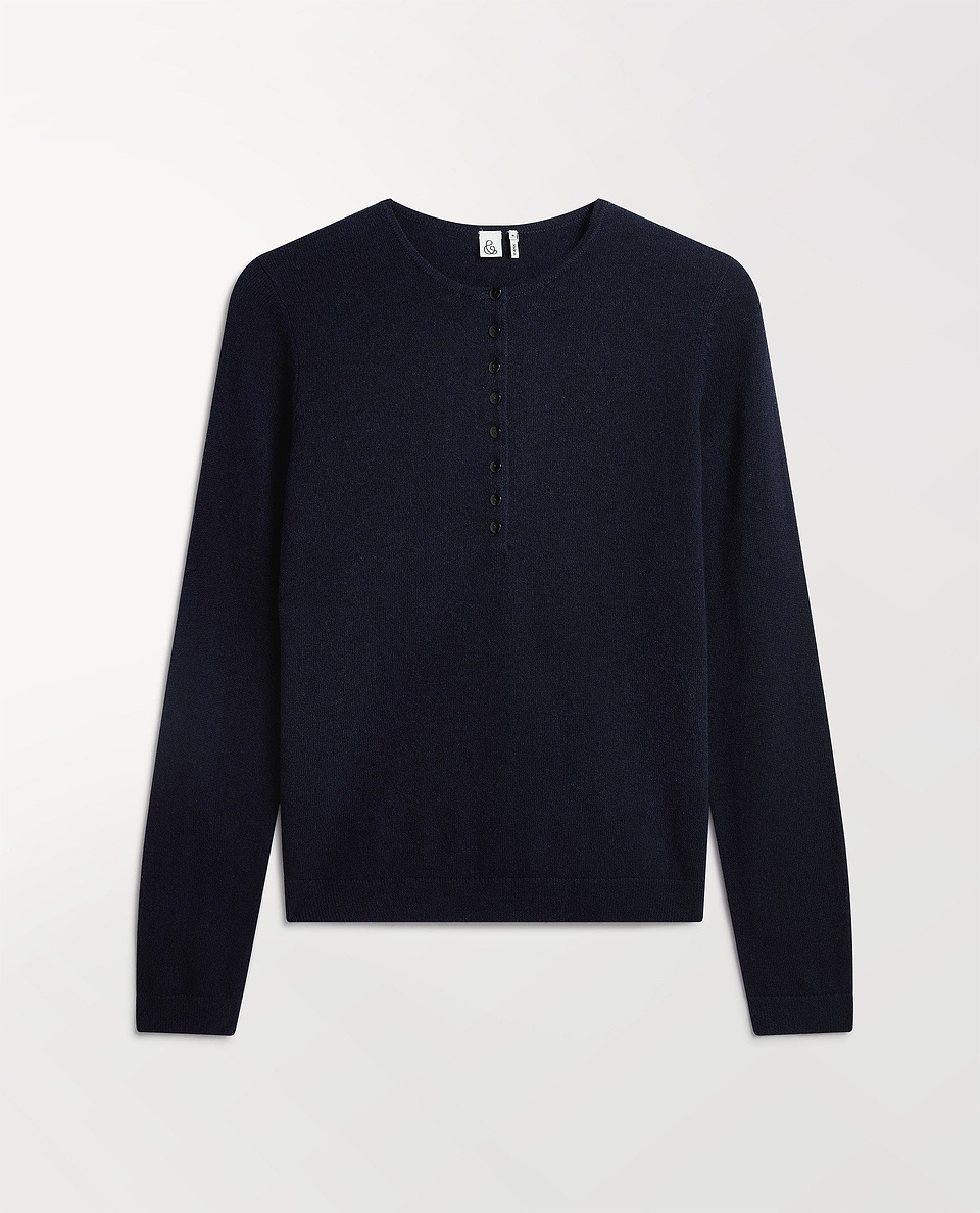 Image 2 of 6 showing Rise & Fall's cashmere merino henley jumper in indigo.