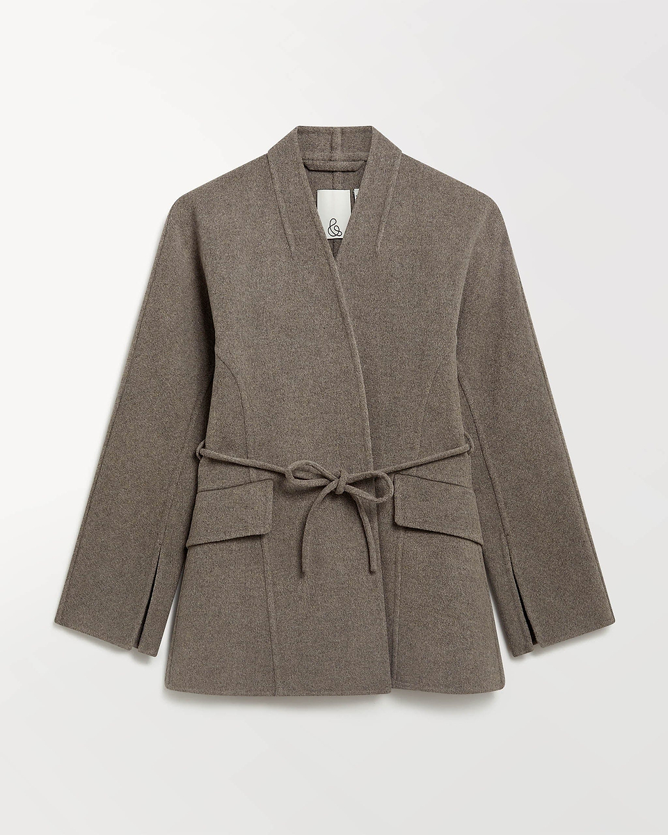 Image 2 of 7 showing close up of Rise & Fall's fawn cashmere wool double faced sculptural jacket.