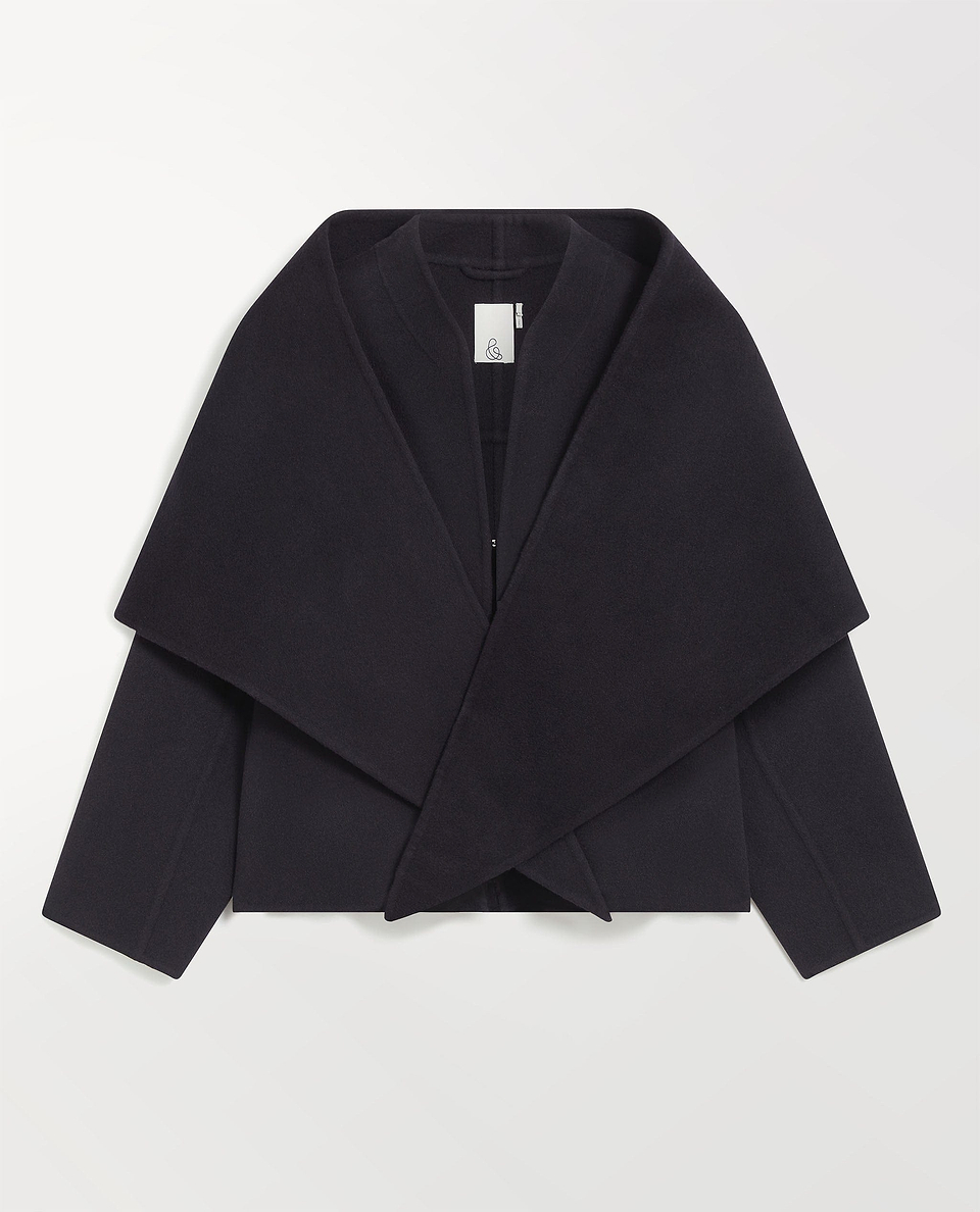 Image 2 of 7 showing Rise & Fall's navy cashmere wool double faced scarf jacket.