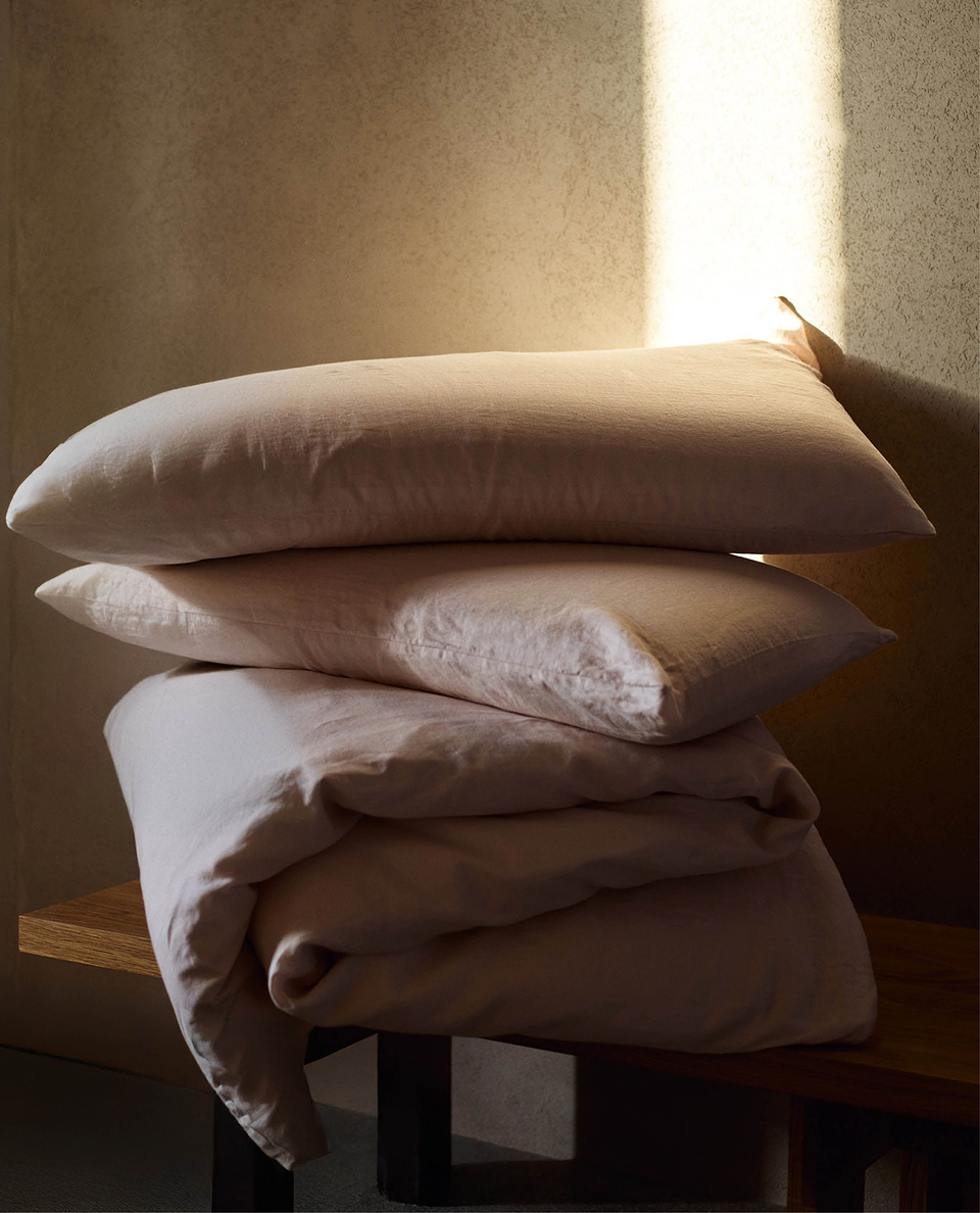 Image 4 of 4 showing Rise & Fall's House of Grey European Flax™ Linen Pillowcase Set, colour: Bruised Peach.