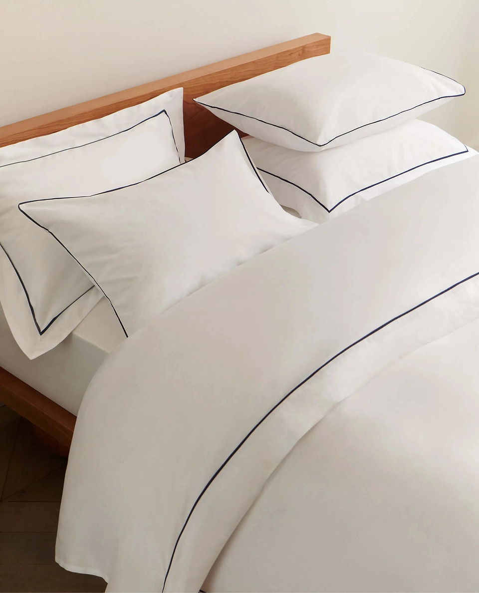 image 5 of 5 showing Rise & Fall's Soft & Smooth duvet set, colour: white with navy piping, fabric: sateen cotton