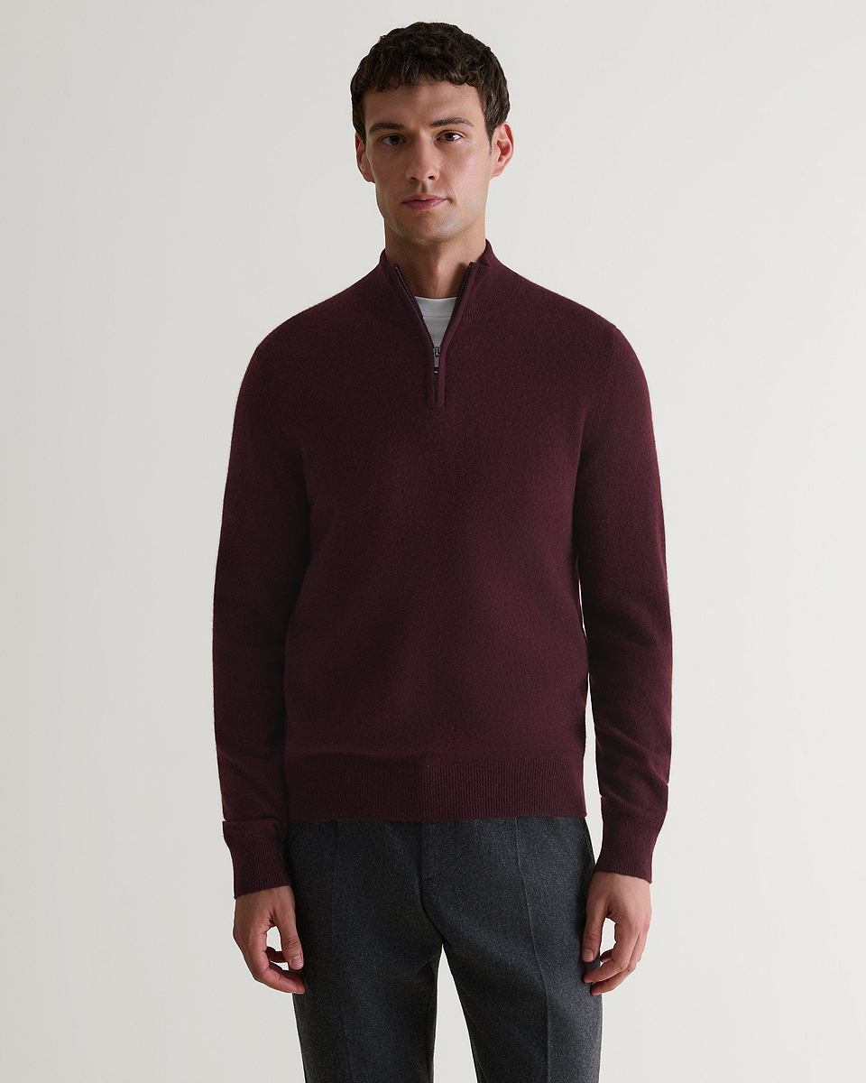 Image 5 of 6 showing man wearing Rise & Fall's fine cashmere 1/4 zip jumper, oxblood.