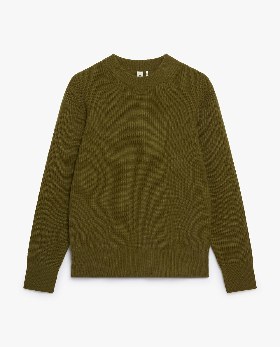 Men's Cashmere Merino Fishermans Rib Crew Neck Jumper - Olive