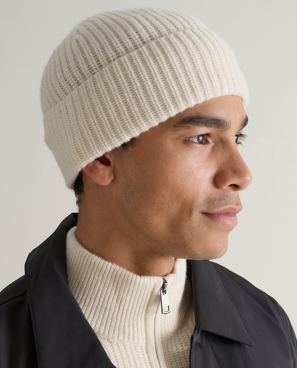 Men's Cashmere Merino Ribbed Knit Beanie - Buttermilk