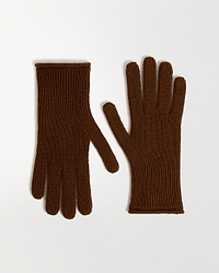 Close up of Rise & Fall's burl brown cashmere merino ribbed gloves