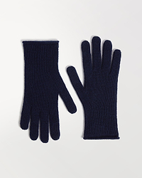 Close up of Rise & Fall's indigio cashmere merino ribbed gloves