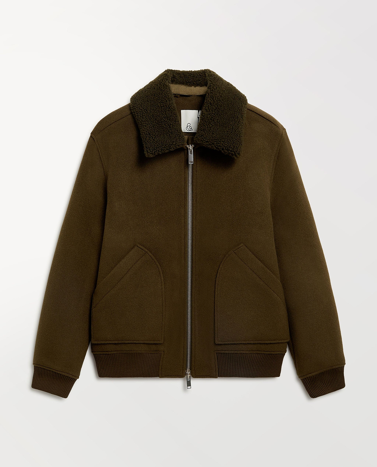 Close up Rise & Fall's olive wool bomber jacket with shearling collar.