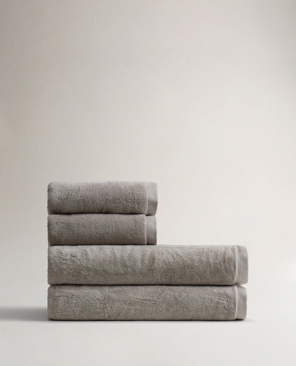 Side view of Rise & Fall's pebble Turkish Aegean cotton bath sheets
