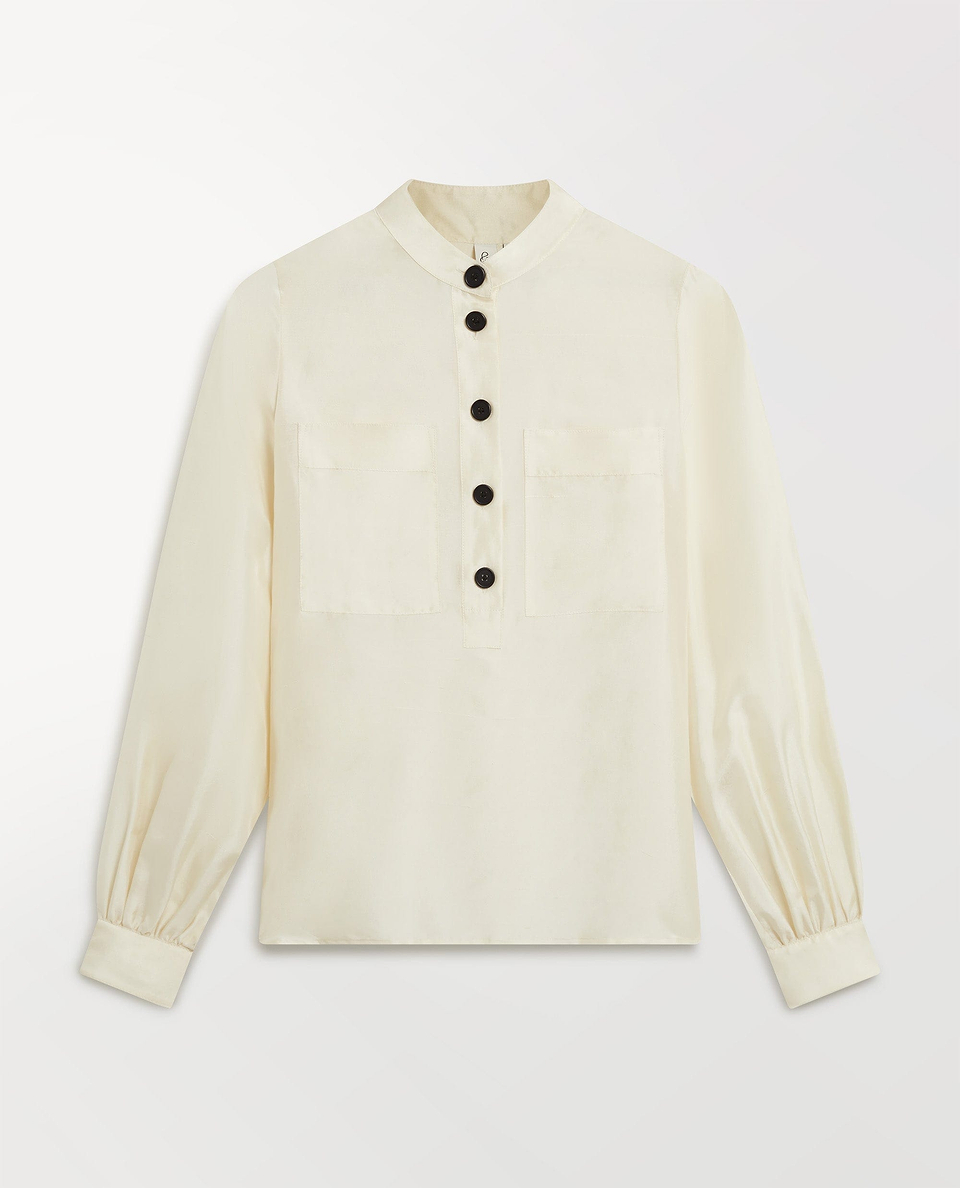 Women's Silk Dupion Grandad Collar Blouse - Alabaster