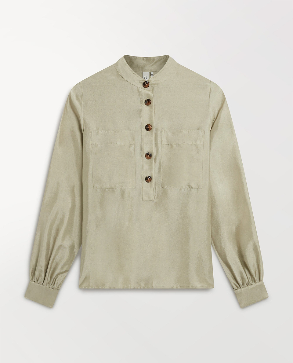 Women's Silk Dupion Grandad Collar Blouse - Dried Sage