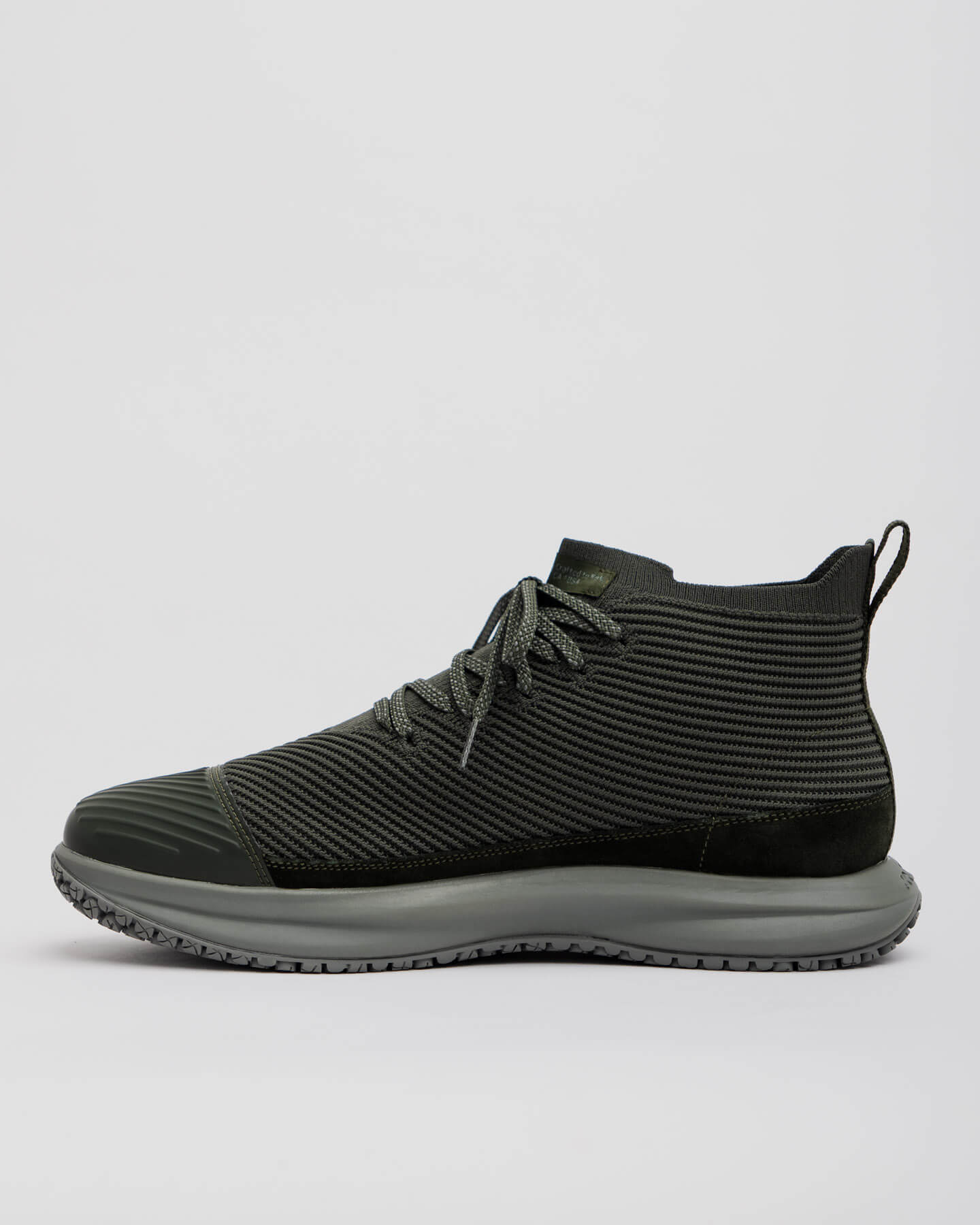 The Snibbs ROVR Mid - Climbing Ivy is a dark green/black knit high-top with laces, slip-resistant and thick rubber sole.