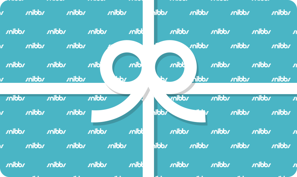 A blue Snibbs gift box with white ribbon, perfect for a Digital Gift Card, features a white snibbs logo pattern in the background.