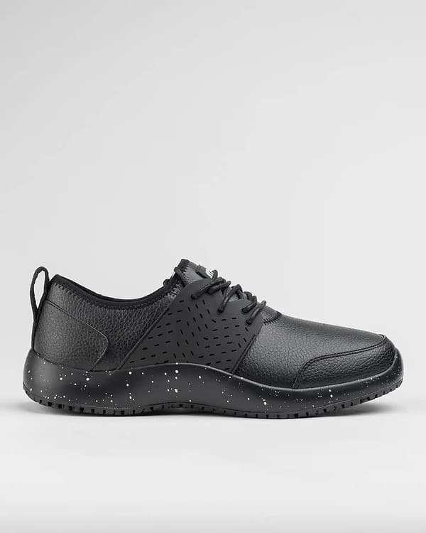 Snibbs Spacecloud Premium 2.0 in black speckle: vegan leather, lace-up sneaker with a speckled sole shown on white background.