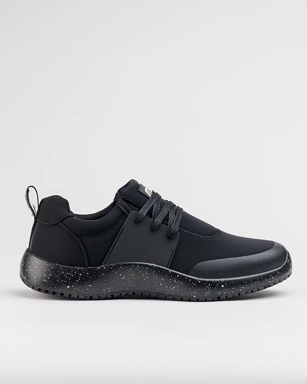 Snibbs Spacecloud 2.0 - Black Speckle: vegan, slip-resistant work sneaker with lace-up closure and pull tab, on plain background.