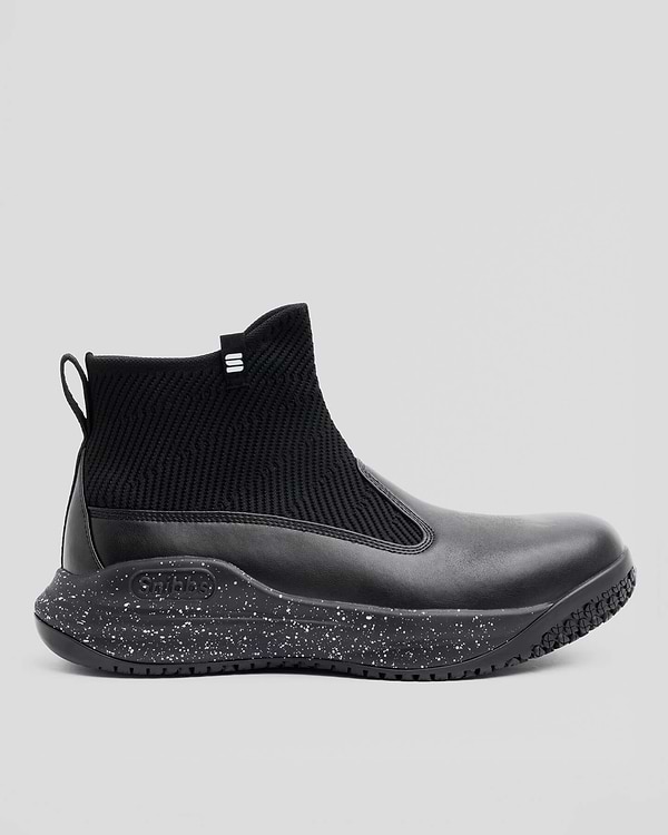 Snibbs Pro - Black Speckle: an ankle-high slip-on with non-slip rubber outsole, speckled midsole, shown in side profile.