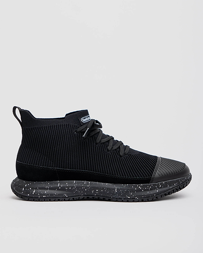 The Snibbs ROVR Mid - Black Speckle (VN) features a warp knit upper, black laces, and a speckled slip-resistant sole.