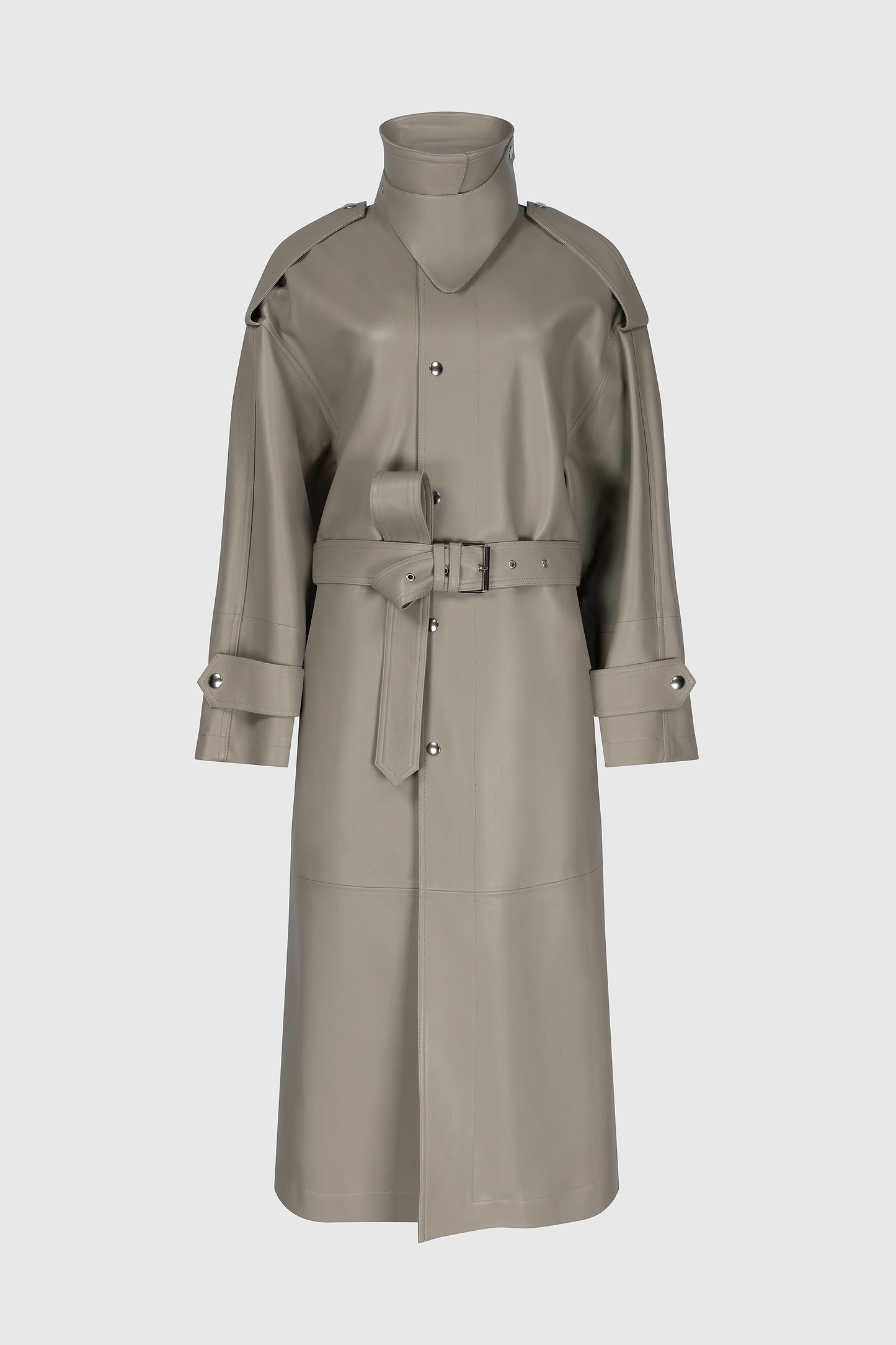 Panelled Leather Coat In Light Grey