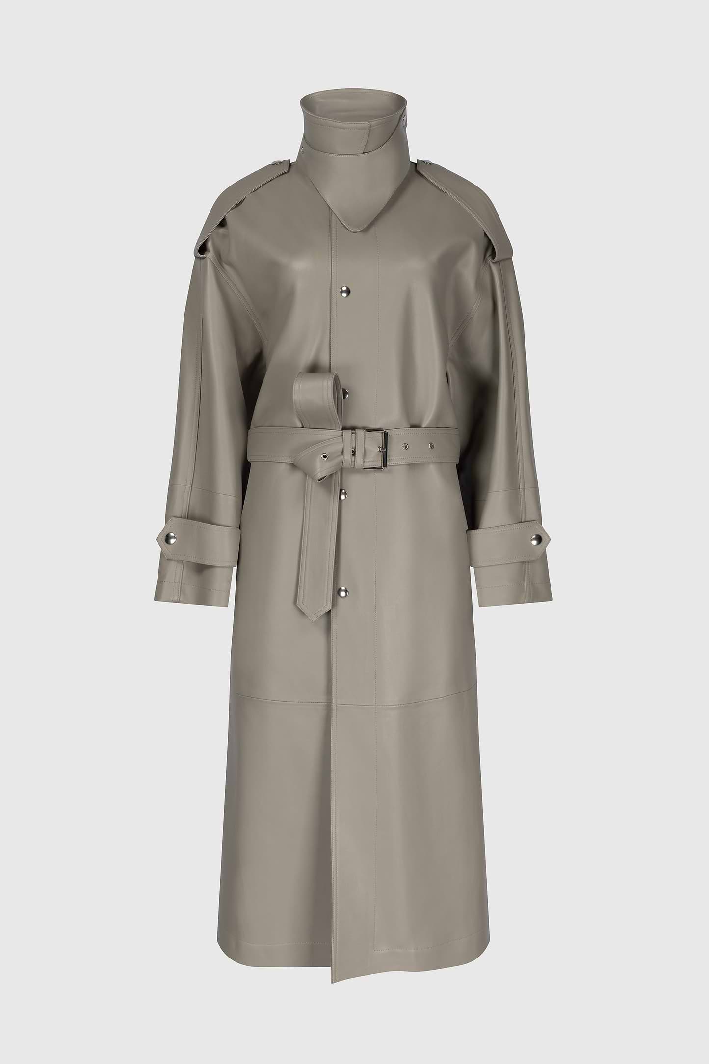 Panelled Leather Coat In Light Grey