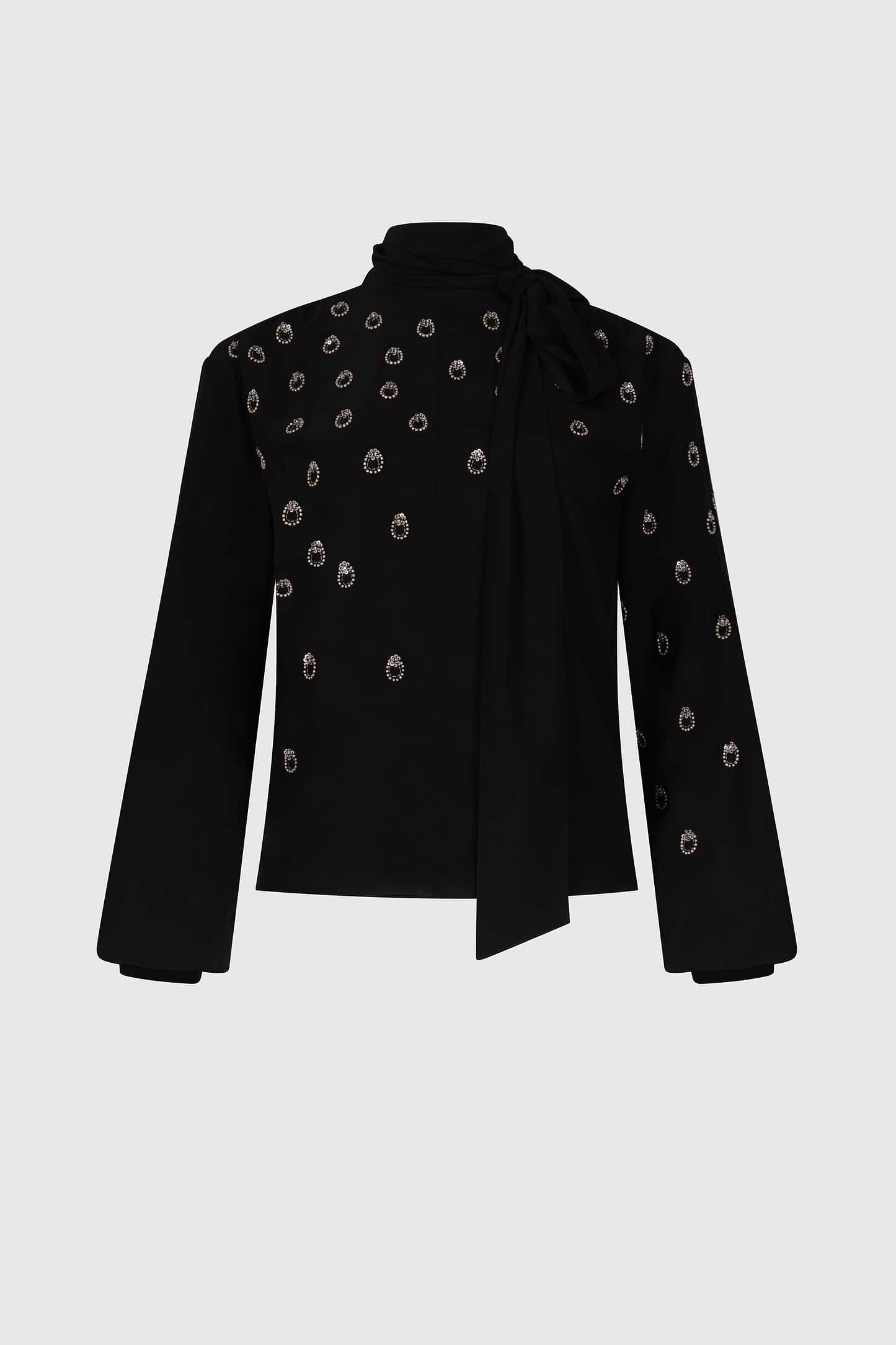 Embroidered Scarf Cut-Out Blouse In Black
