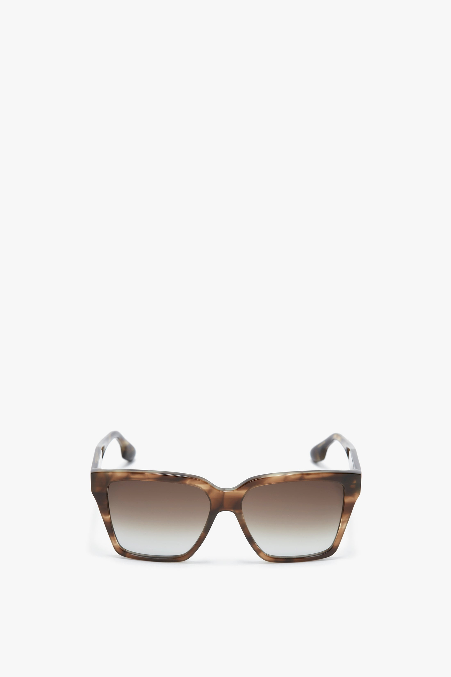 A pair of Soft Square Frame Sunglasses In Striped Khaki Havana with gradient lenses, designed by Victoria Beckham, set on a white background.