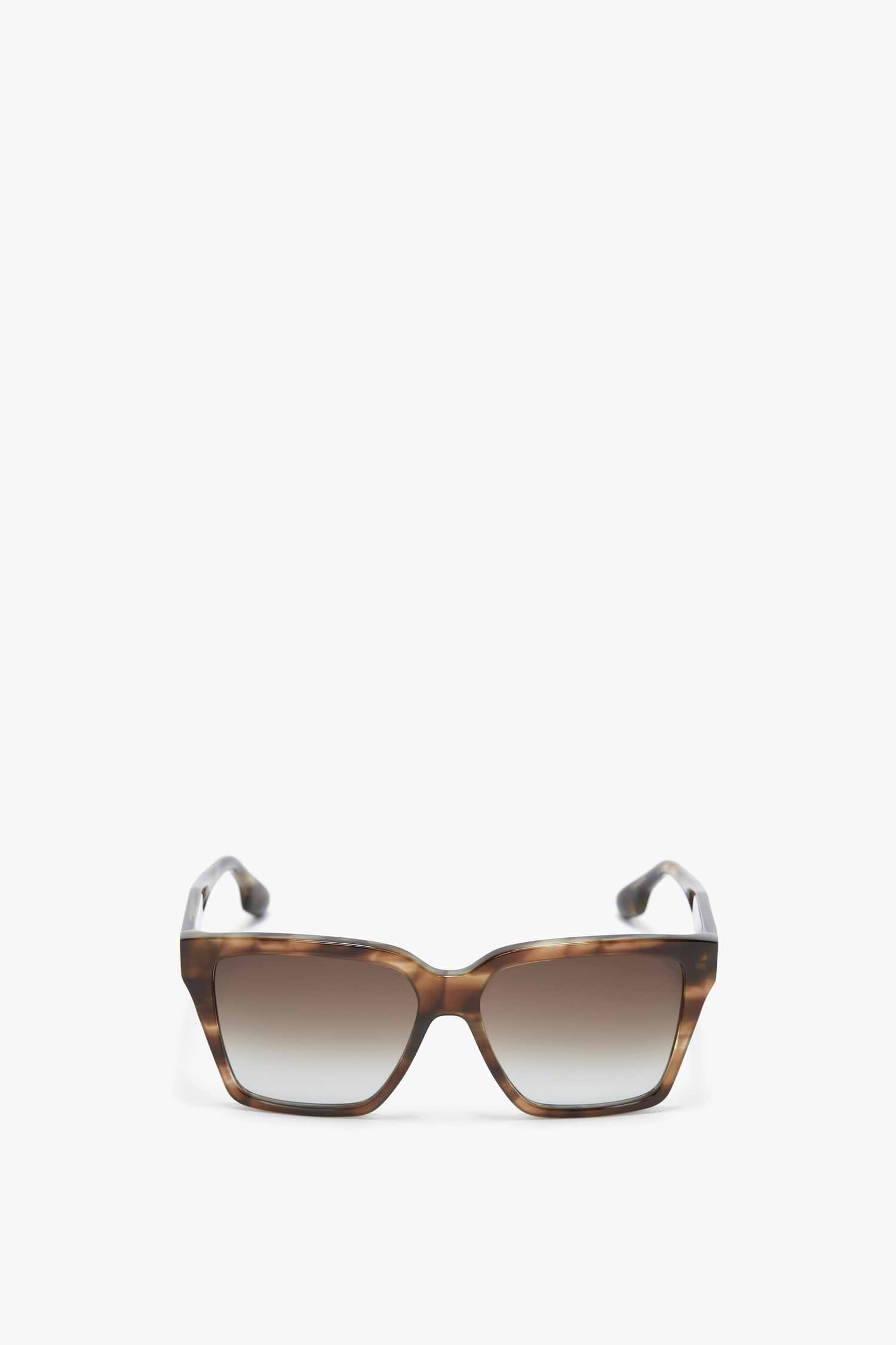 A pair of Soft Square Frame Sunglasses In Striped Khaki Havana with gradient lenses, designed by Victoria Beckham, set on a white background.