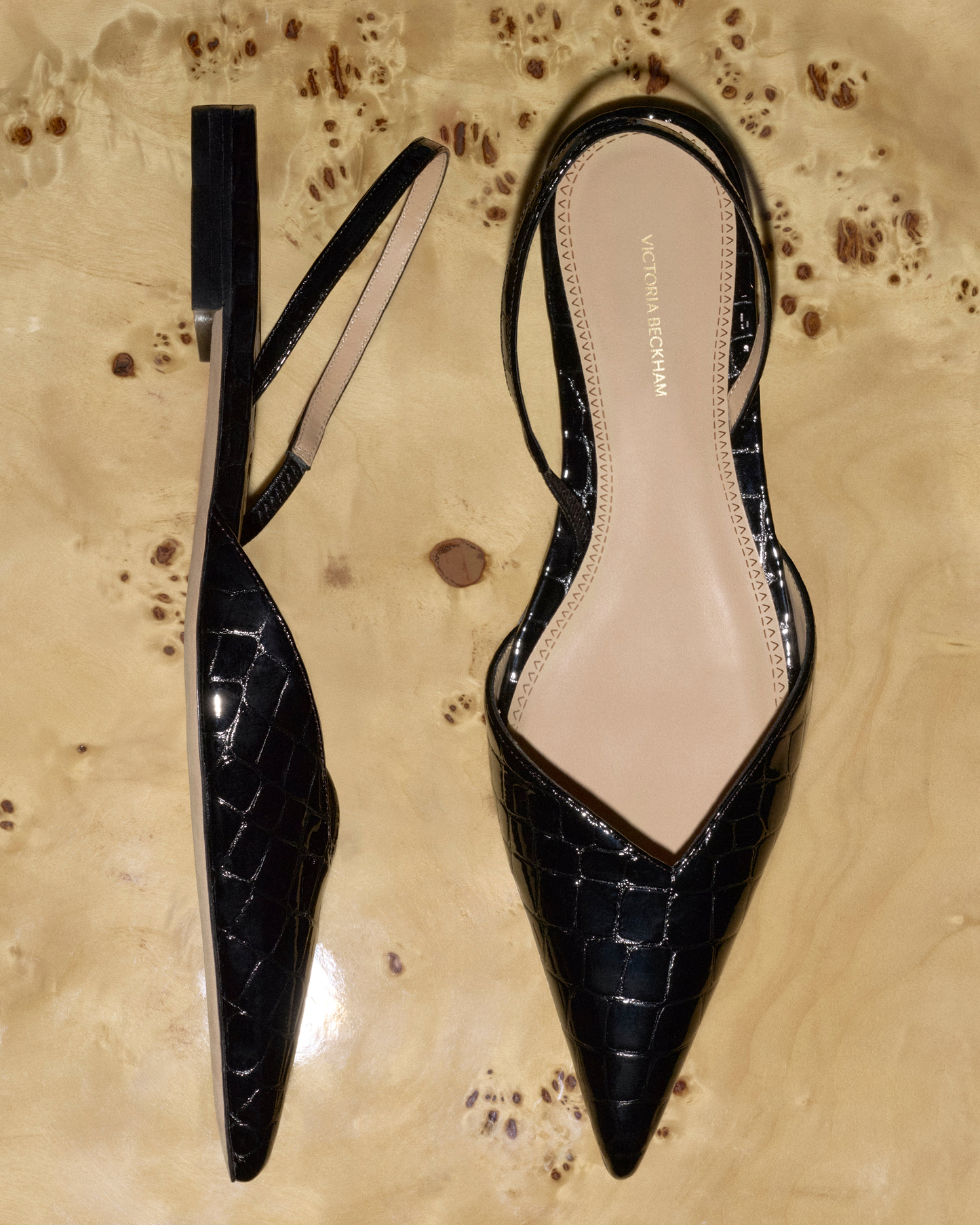 Victoria Angle Halter Back Flat Black Croc Embossed Leather