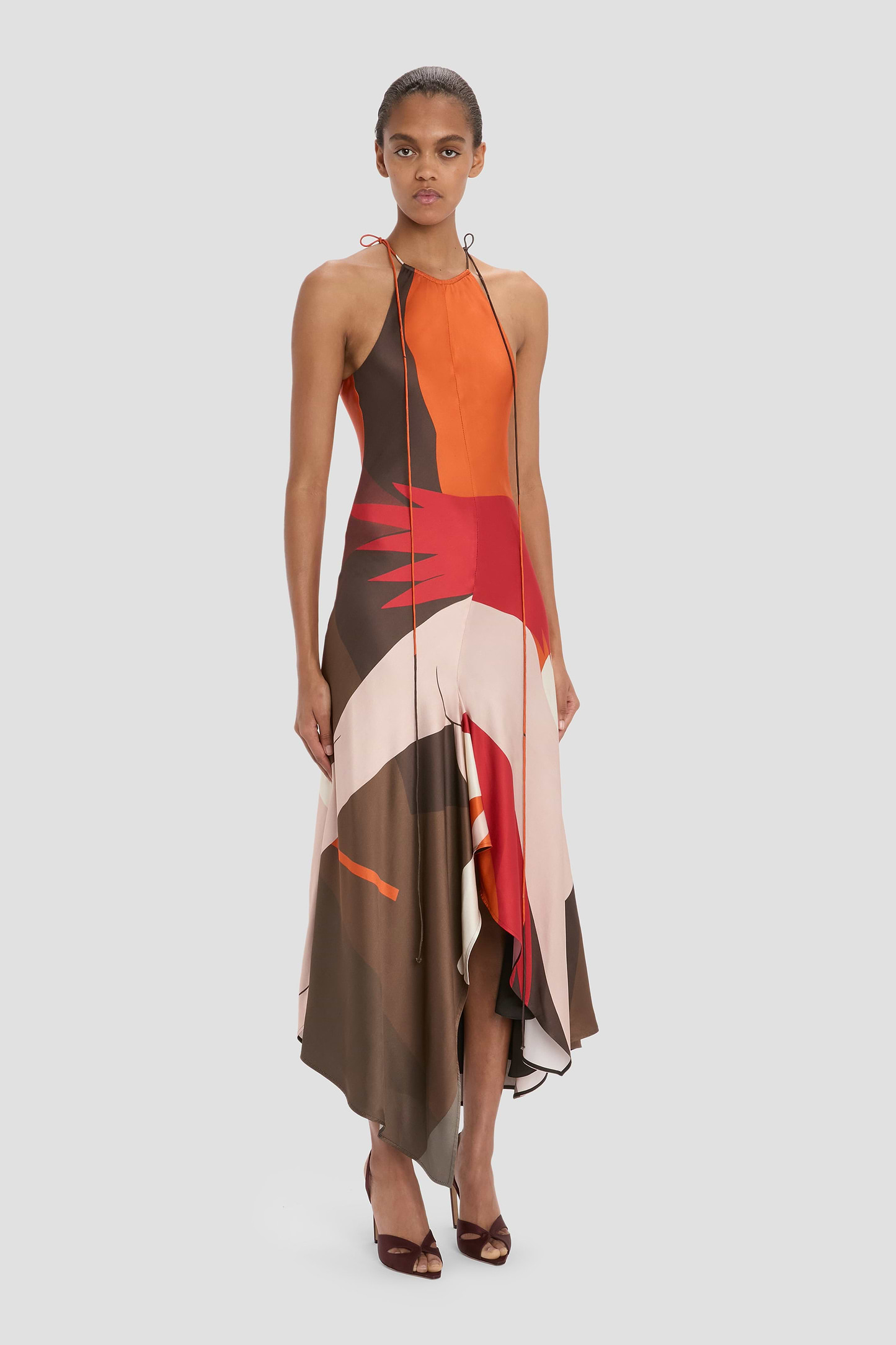 Halter Neck Midi Dress In Abstract Dark Earth