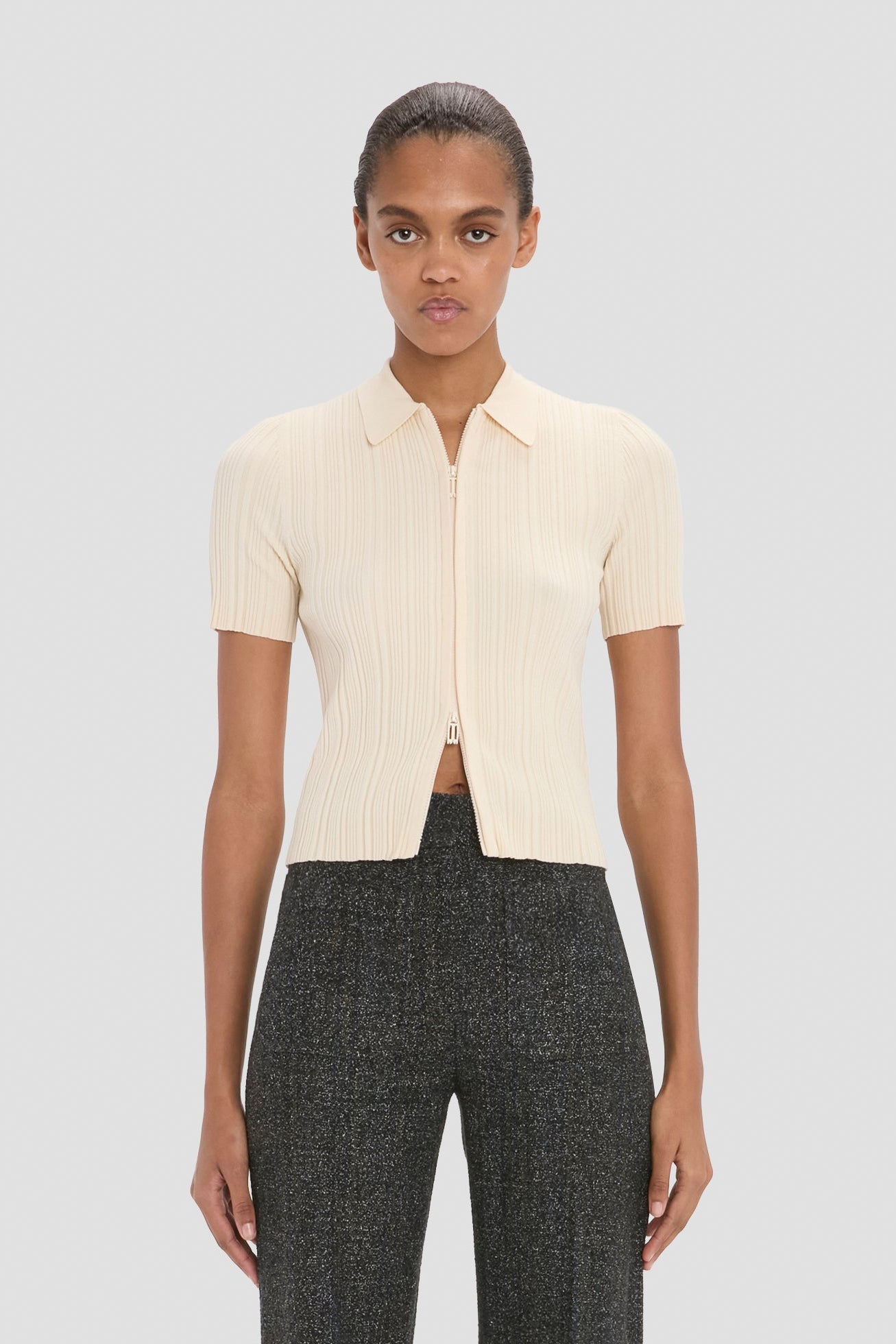 Ribbed Polo Top In Beige