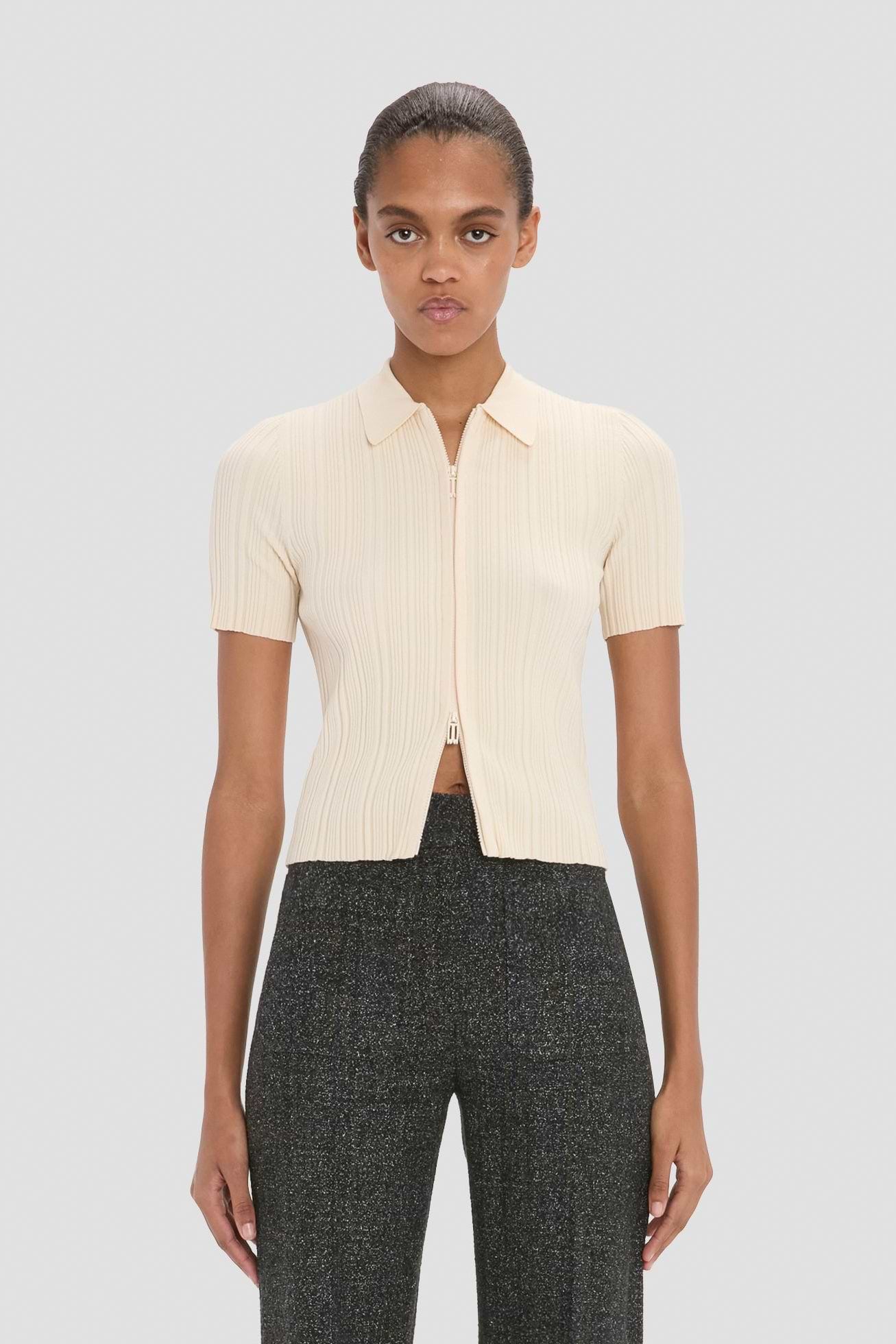 Ribbed Polo Top In Beige