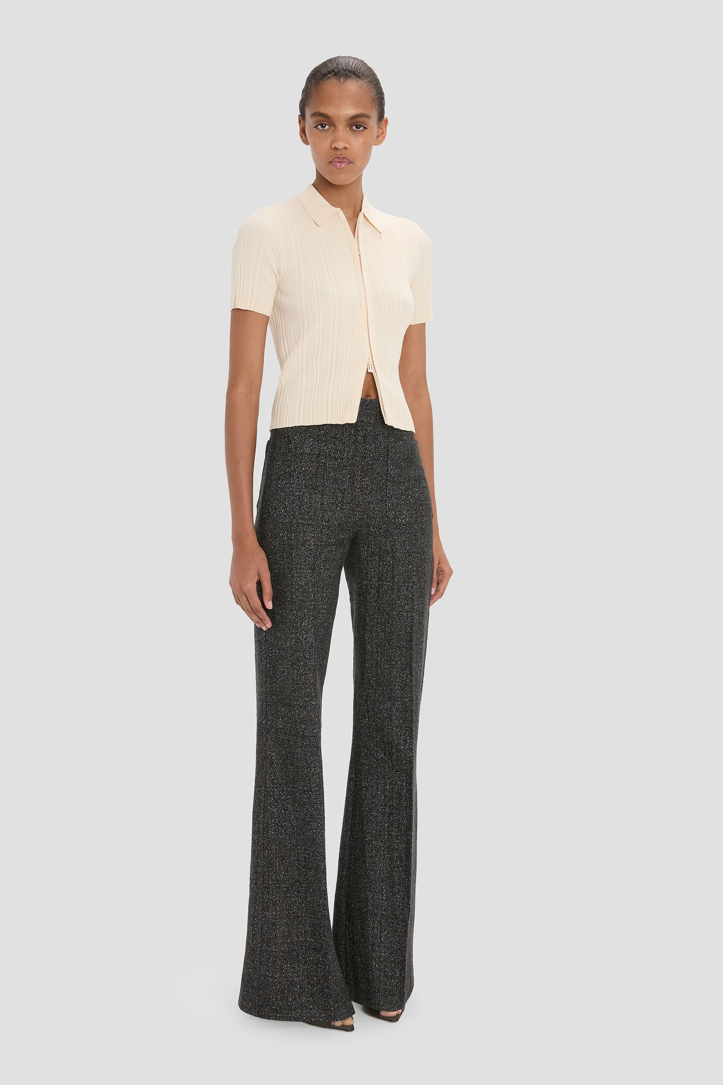 Ribbed Polo Top In Beige