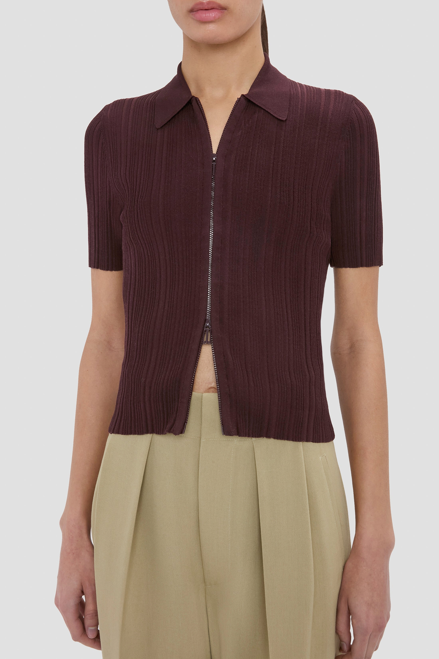 Ribbed Polo Top In Dark Burgundy