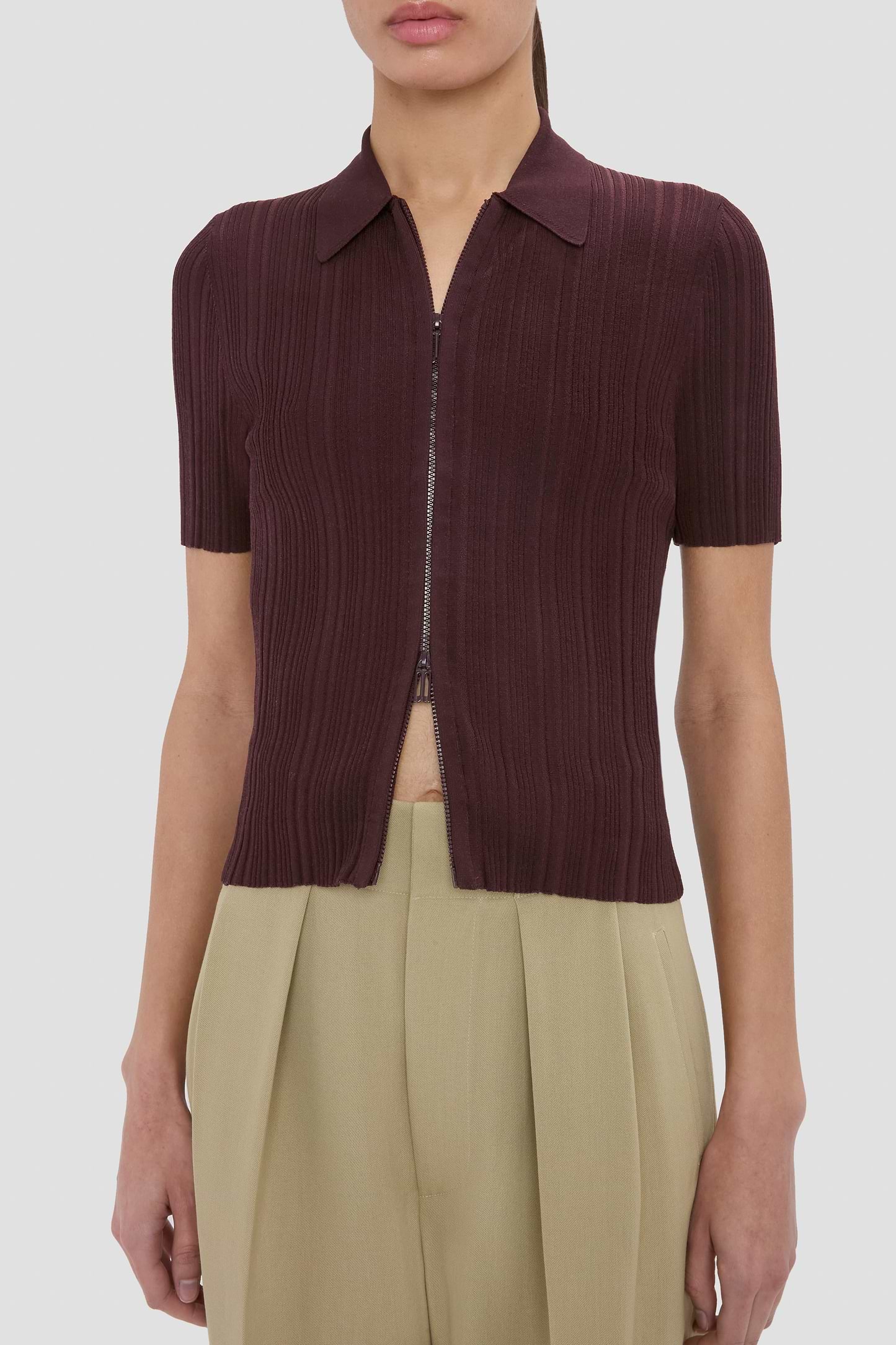 Ribbed Polo Top In Dark Burgundy