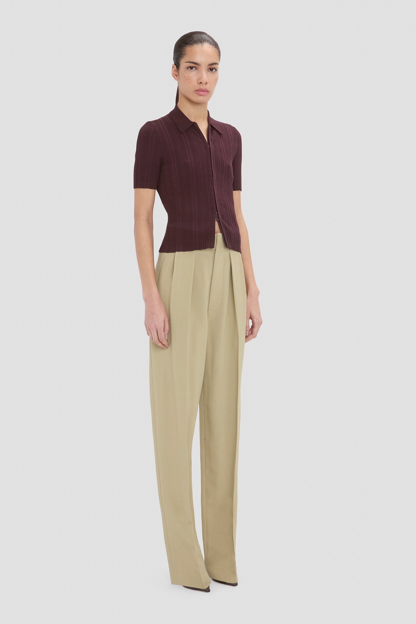 Ribbed Polo Top In Dark Burgundy