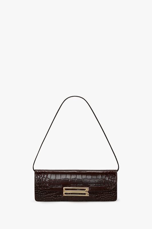 Dorian East-West Clutch Brown Croc Embossed Leather