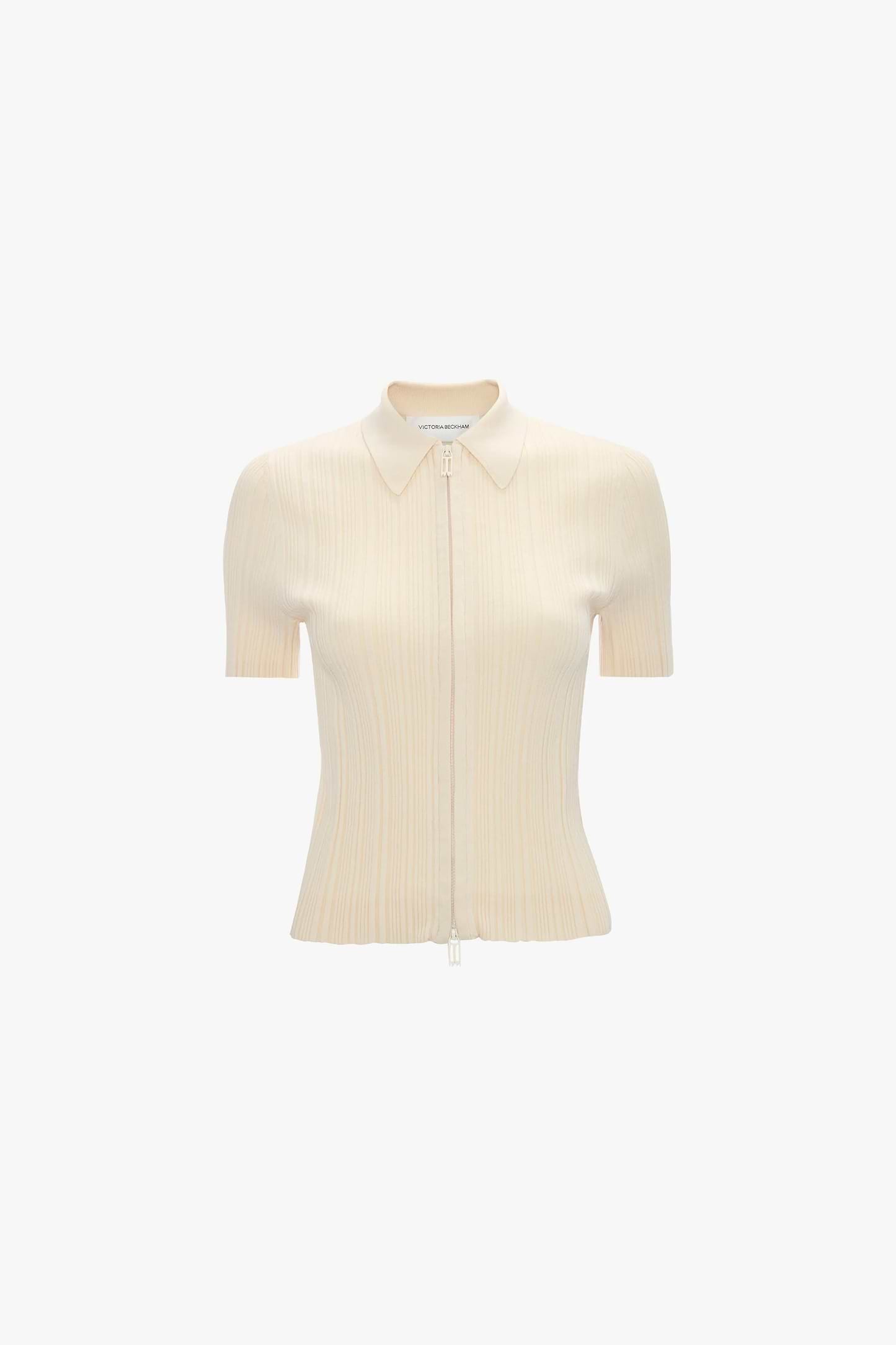 Ribbed Polo Top In Beige