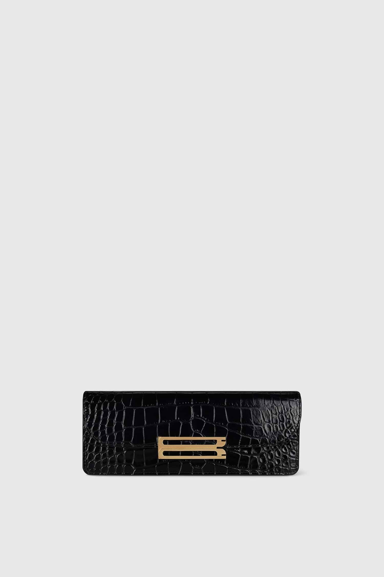 Dorian East-West Clutch Black Croc Embossed Leather