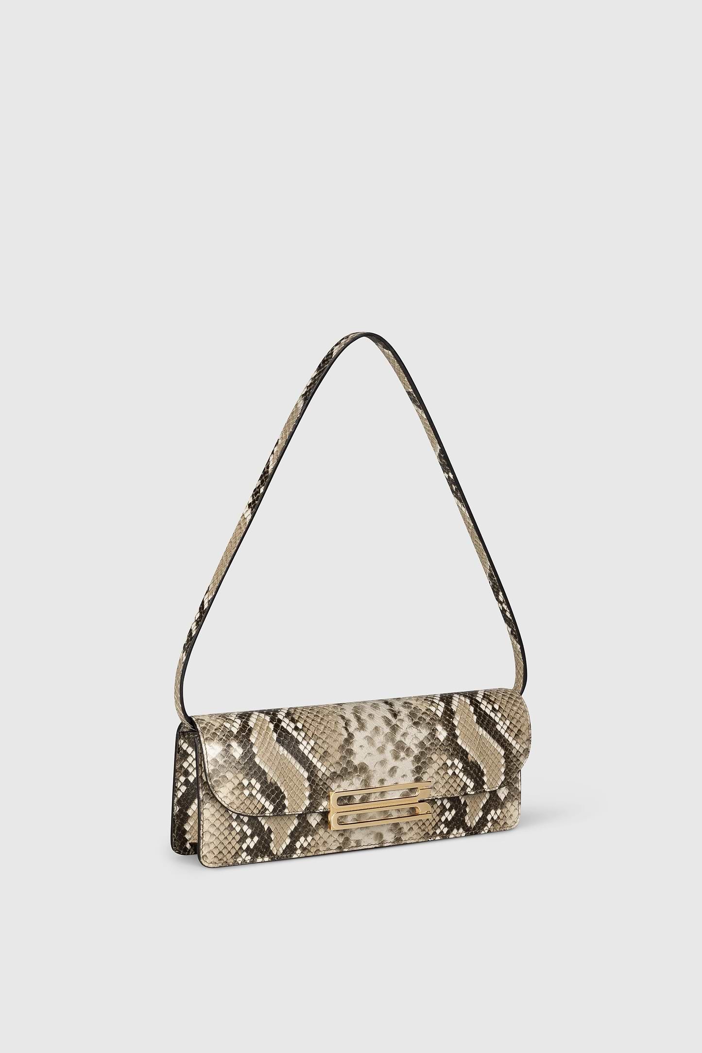 Dorian East-West Clutch Natural Brown Snake Print Leather