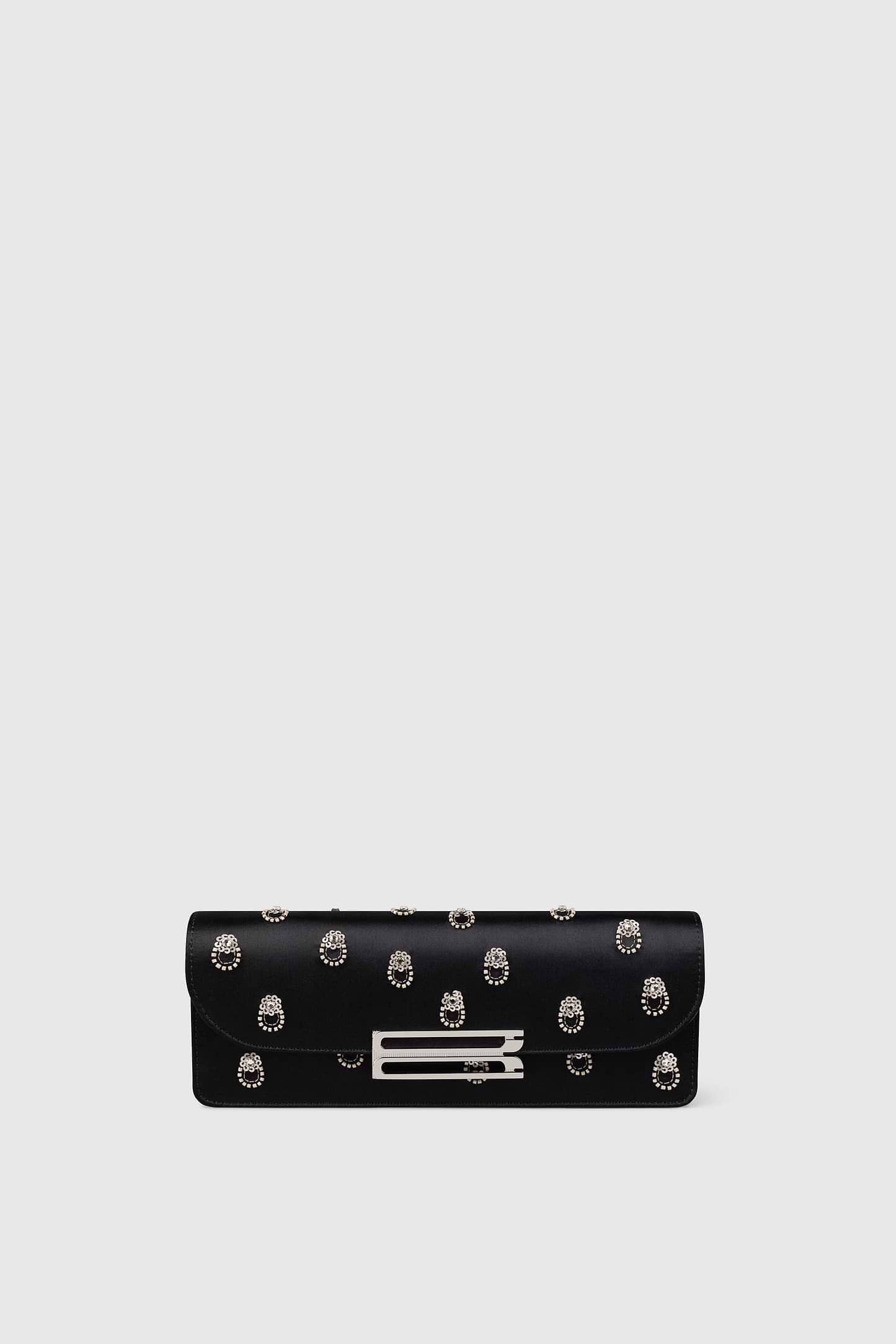 Dorian East-West Clutch Black Embroidered Satin