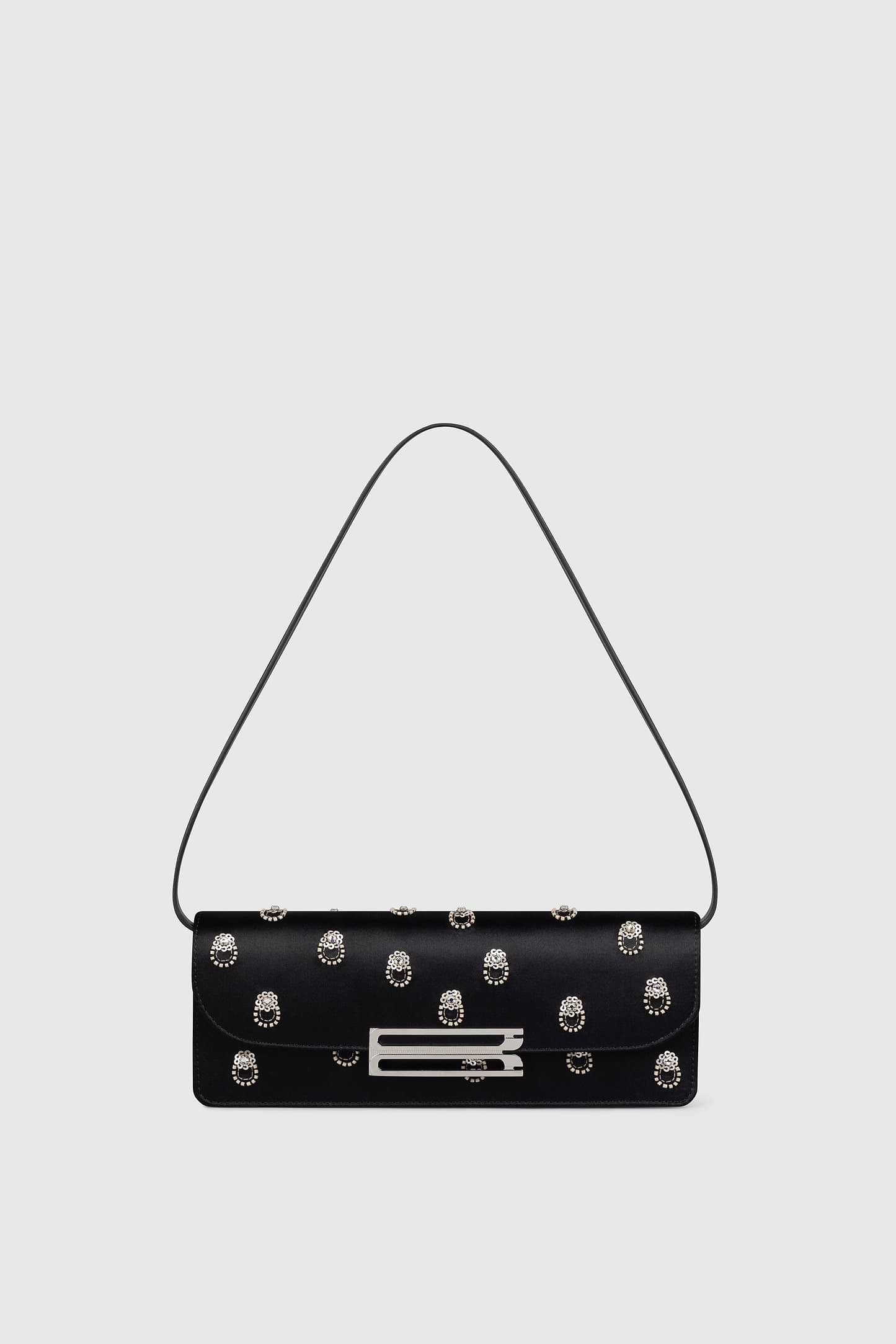 Dorian East-West Clutch Black Embroidered Satin
