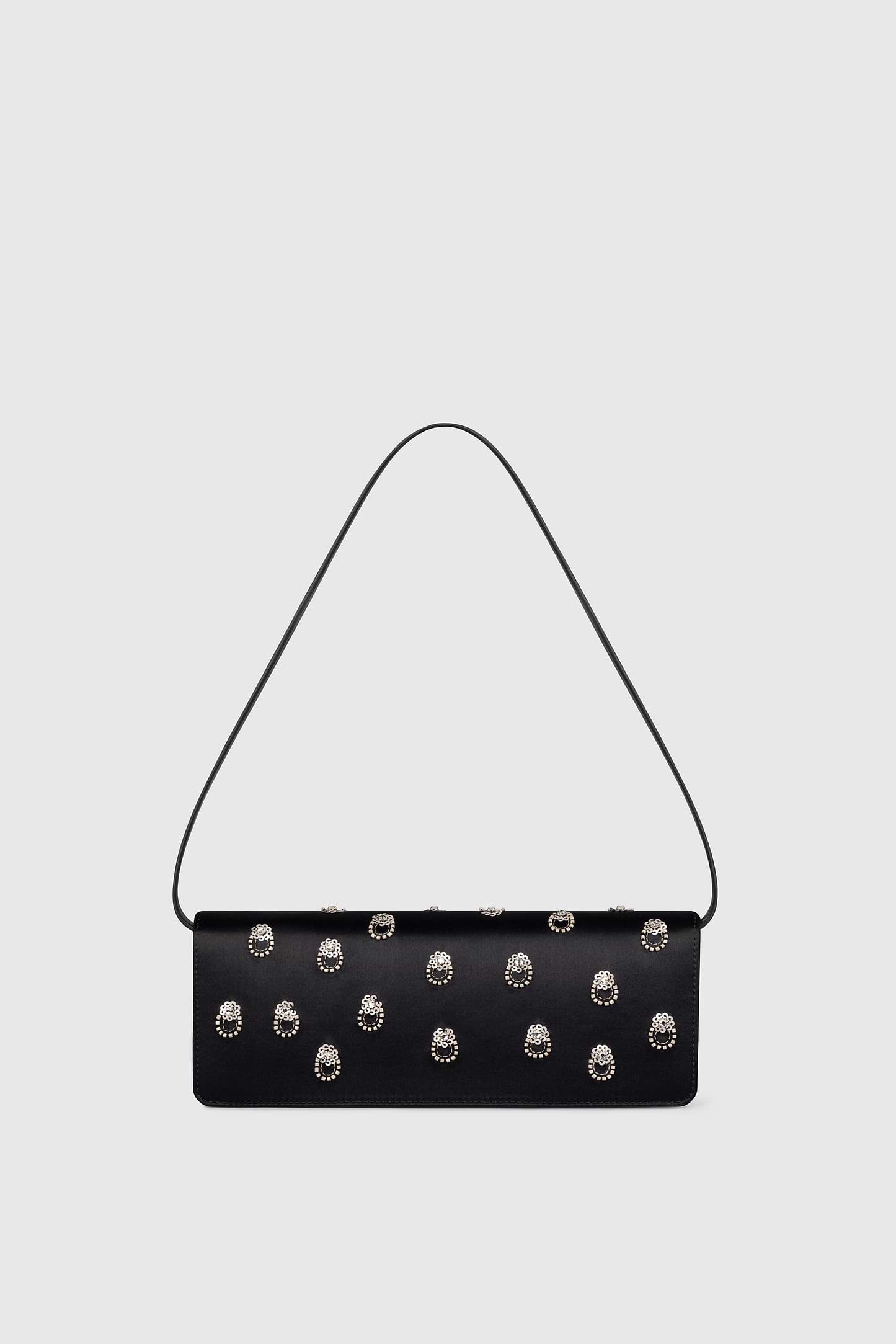 Dorian East-West Clutch Black Embroidered Satin