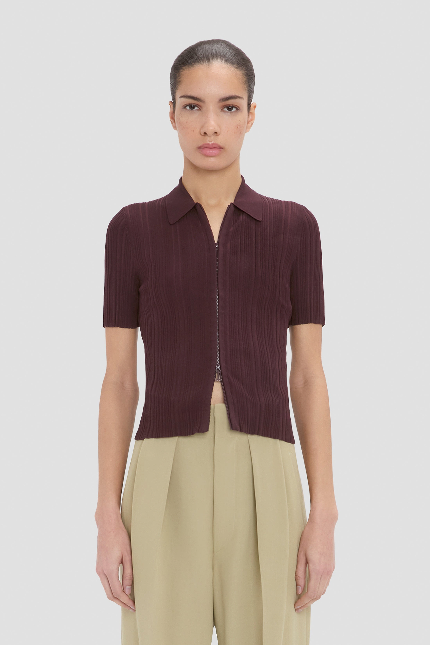 Ribbed Polo Top In Dark Burgundy